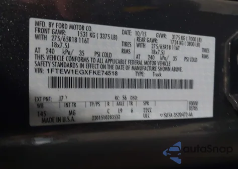 2015 Ford F-150 Xlt из США, поврежденный, VIN 1FTEW1EGXFKE74518